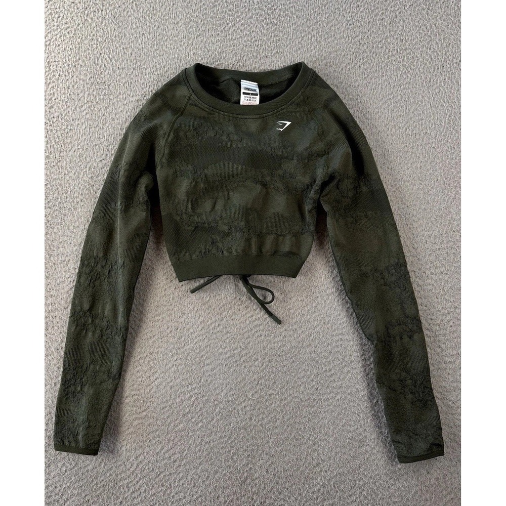 Gymshark Adapt Camo Crop Top Womens Small Seamless Lace Up Back Olive Green